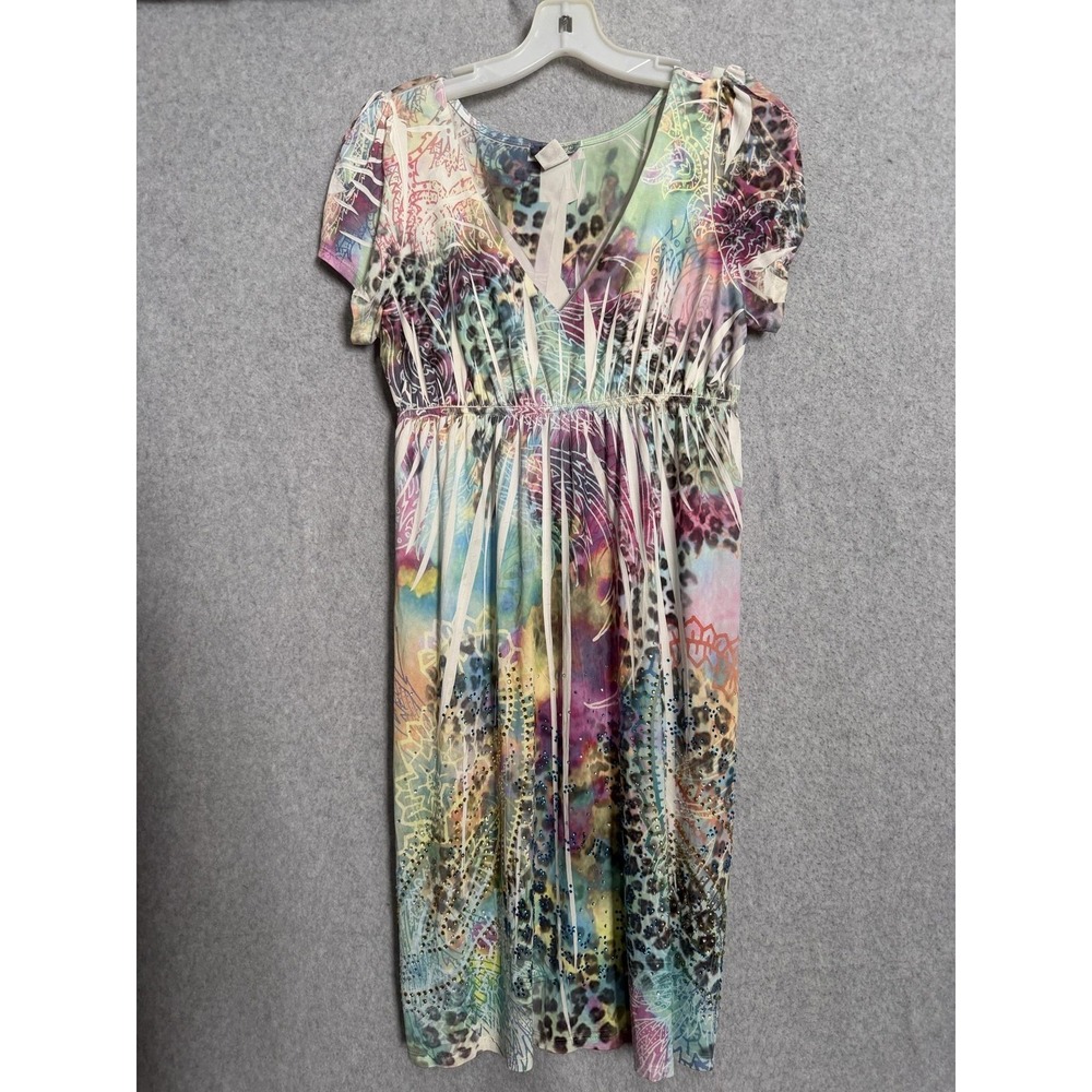 R. Rouge Dress Womens L Multicolor Animal Rhinestone V Neck Fit & Flare Boho